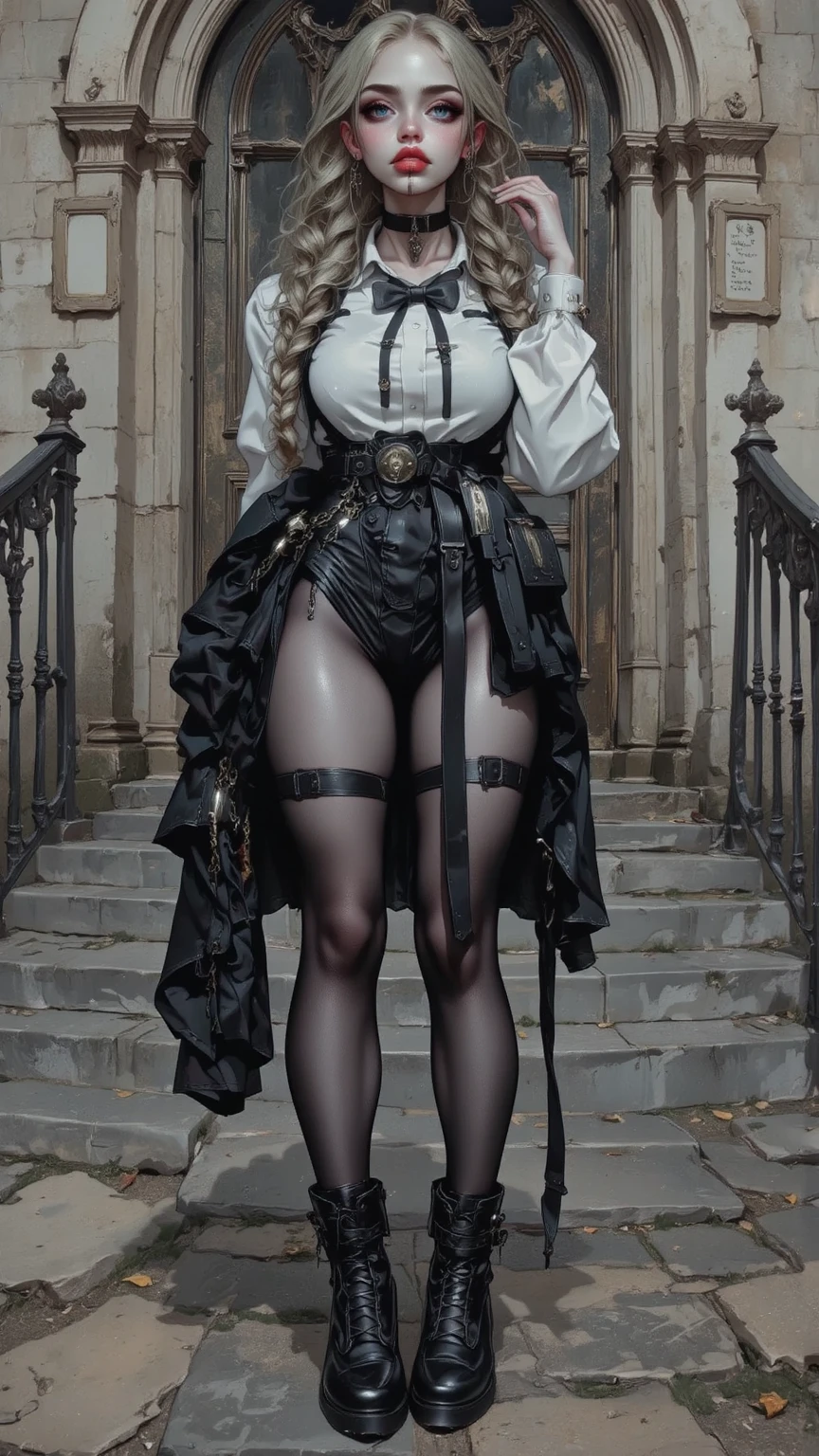 dark fantasy anime illustration of a (mature MILF BIMBO albino skin and short white hair), (FULL BODY) perfect face, wearing tight leather stealth armor, stalking, BIG KNOCKERS CLEAVAGE, lustful smirking smile red blush red cheeks, chain leash, kneeling, shackles, leather black collar slave, ((BLACK background)) WITH KNOCKERS on glass, glass window fog water drop, hands behind body, metal handcuffs, black choker collar, thigh highs, long legs, metal ankle, metal sandals, metal shoulders, standing straight symmetrical against glass