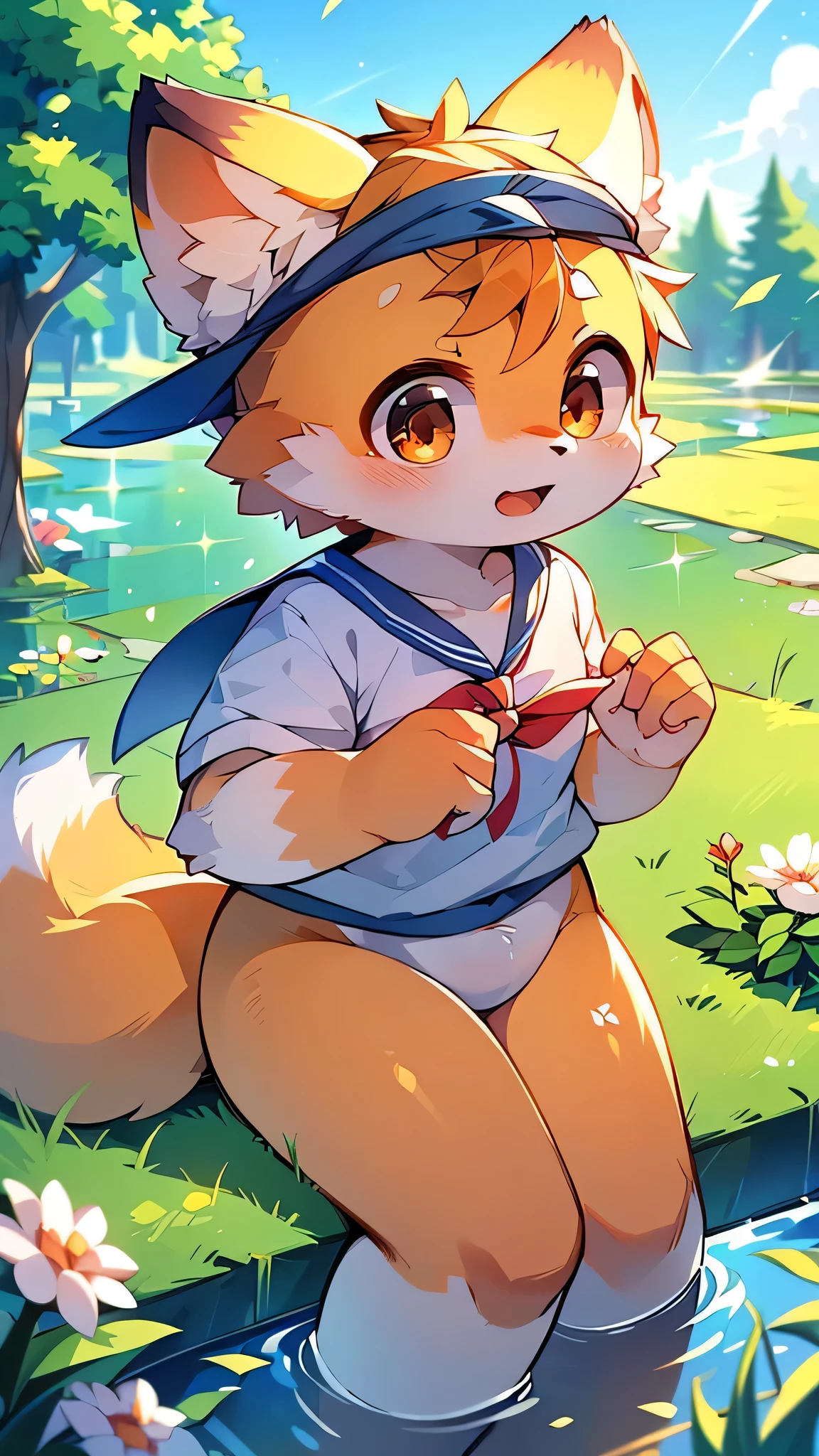 Red Panda Boy,Characteristics of the Sailor Suit,super high quality,Very detailed,High resolution,Cute art style in anime,Rice field scenery,(Cheerful teenager,13 years old:1.3),alone,single,Cute face male
