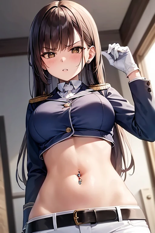 (Highest quality、masterpiece、Very detailed、4K)、One Woman、uniform、、No pants、Waist-length hair tied in a high ponytail、Move the tick part to the side、Big breast beauty(Tall Woman, Slim figure, Firm breasts)、Estrus、Mating from behind、Squat、Girl straddling guys(Cowgirl)、Penis in vagina(The glans reaches the uterus)Inserted(SEX)、in the middle、 Dripping from the vagina、Showing vagina、Thin pubic hair、Open your jacket、Show your breasts、Nipples erect、Dripping saliva、Red cheeks、Dementia smile、close your eyes、A close-up look at thighs from a low angle、Ahegao、Cowboy Shot、Front facing,Realistic photos、、NSFW、、Front tucked up、From below、orgasm、