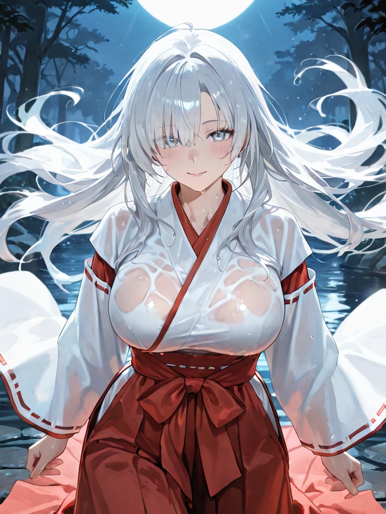 One girl, Fujiwara no Mokou(From desire. She has huge boobs) In the bamboo forest. She has white hair, Red eyes. She is wearing a white shirt, sit, night, moon, Hair Ribbon, Unbuttoned shirt,