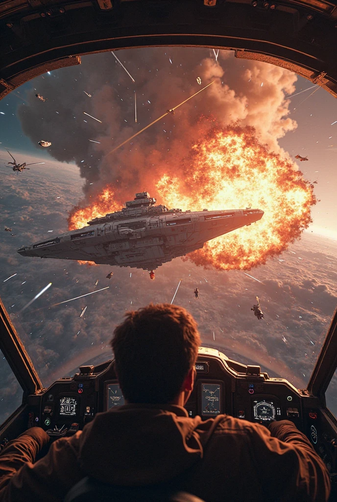 cinematic film still of <lora:cinematic explosion style:1.5>
a large star destroyer destroyed exploded while flying through a blue sky cinematic explosion style, shallow depth of field, vignette, highly detailed, high budget, bokeh, cinemascope, moody, epic, gorgeous, film grain, grainy