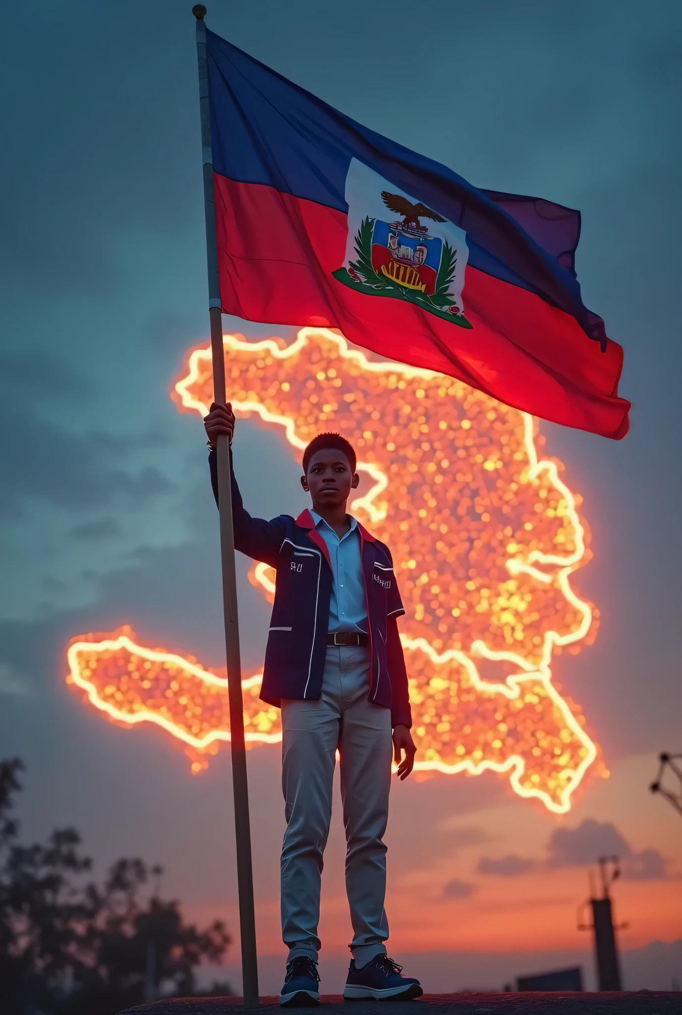 a black boy with dreadlocks hair holds a red flag with 1 star that says KNPB and raises his left hand