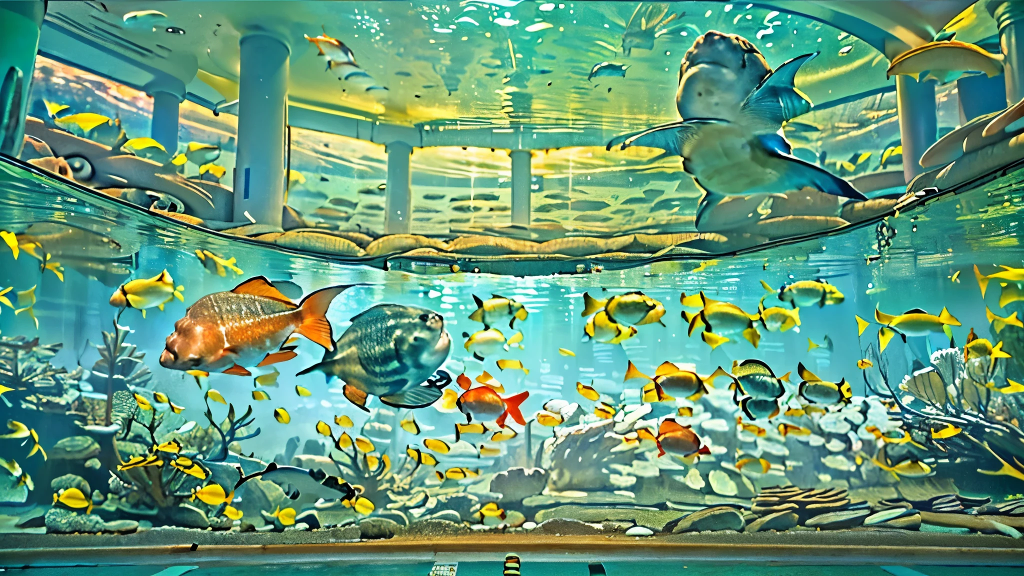 huge, Dim Illuminated, futuristic aquarium, While the light dances in the water ,(detailed expression:1.5), (私はhuge水槽の中で泳ぐ多くの魅力的な群れの魚を見ている:1.5) . soft blue surface , (Majestic rays , hugeマンボウ, and、large colorful tropical fish are swimming in the tank:1.5),(shrimp, Crab, Starfish, anemones, and海ウニが水槽の底を這っている:1.5), (大量の熱帯魚がhuge多層水槽の中で密集して泳いでいる:1.5),watching the gentle beauty of the water、creates a calm atmosphere , world . Background 、towering fish tank full of coral reefs and seaweed, a group of bright tropical fish.future super giant fish tank,(colorful creatures I've never seen before are swimming:1.5),Super giant aquarium,(100m fish tank enough to look up:1.5),(back of a girl looking up at the tank:1.5),(colorful fish and creatures:1.5),(ultra high definition:1.5).