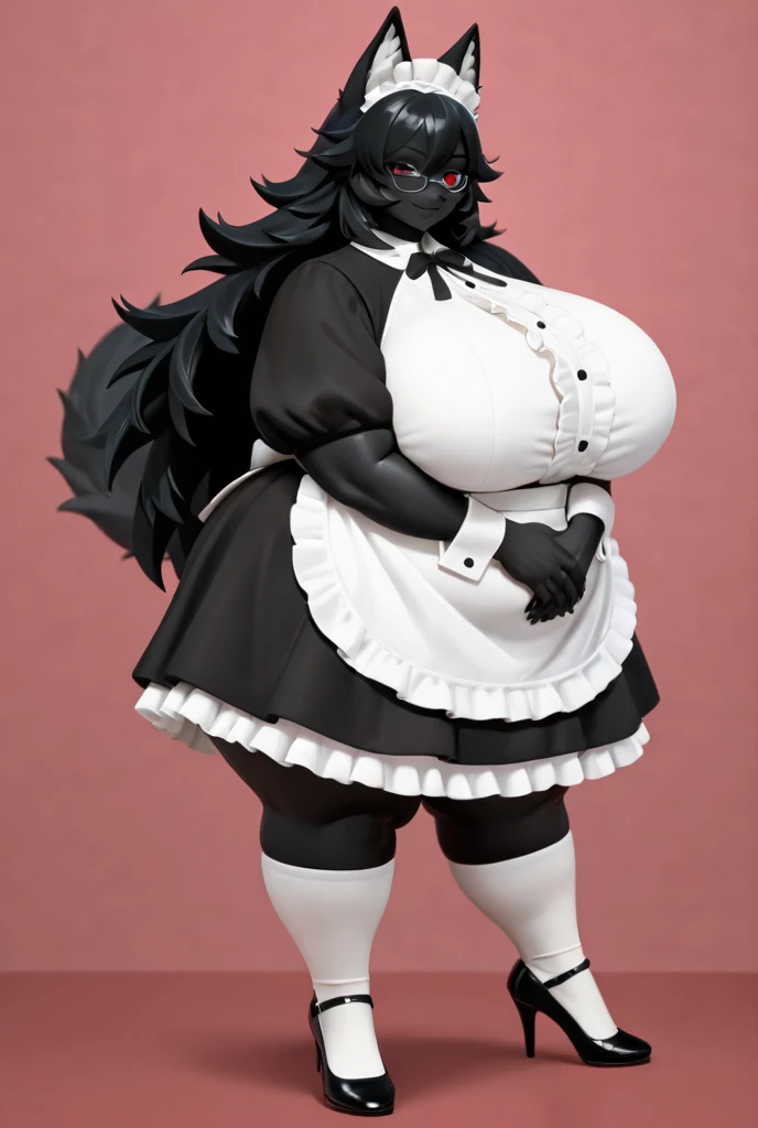 female anthro zebra ,Brown long fluffy hair, fluffy hair, zebra, big breasts, attractive, maid clothes, skirt thicc body, thicc body, thicc, freckles, freckles on face, neutral expression, smug eyes, high heels, garter belt tights, she is standing (thick thighs:1.5)