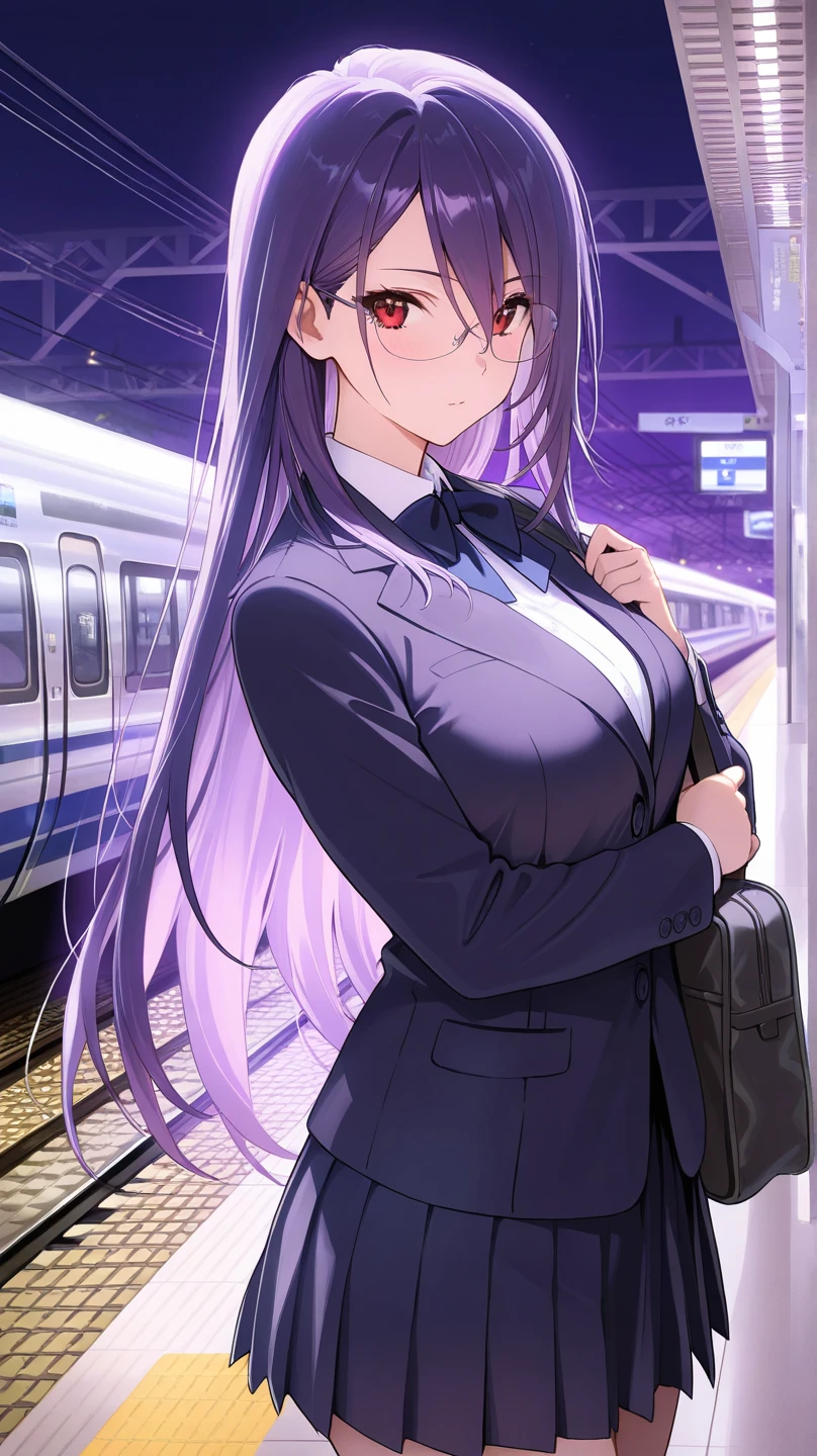 (high quality,Very detailed:1.37, High resolution), Woman, (mature:2.0), (Sakaki Yumiko:1.5), (very long hair:1.5), (straight hair:1.5) (dark purple hair:2.5), purple eyes, huge breasts, black suit, necktie, black pants, (wetting herself:2.0), standing, embarrassed, humiliation, (sanpaku eyes:1.5), (constricted pupils:1.5), (tiny pupils:1.5), (sweating:1.5), shaking, (trembling:1.5), (blushing:1.5), Meticulous details, (extremely detailed eyes:1.37), space station, interior, science fiction, futuristic