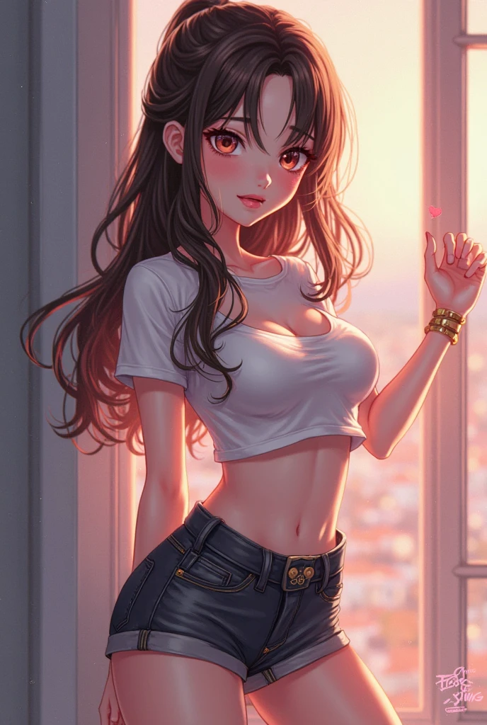 cute anime character girl, hot sister, sticking tongue out, showing peace sign, messy wavy long hair, brown skin, choker with heart pendant, high heels, wearing loose baggy hip-hop fashion, attractive and seductive face, slutty, orgasm, make-up, superlative body proportion, indoors, heart effects, 2.5D, delicate and dynamic, graphic CG digital art