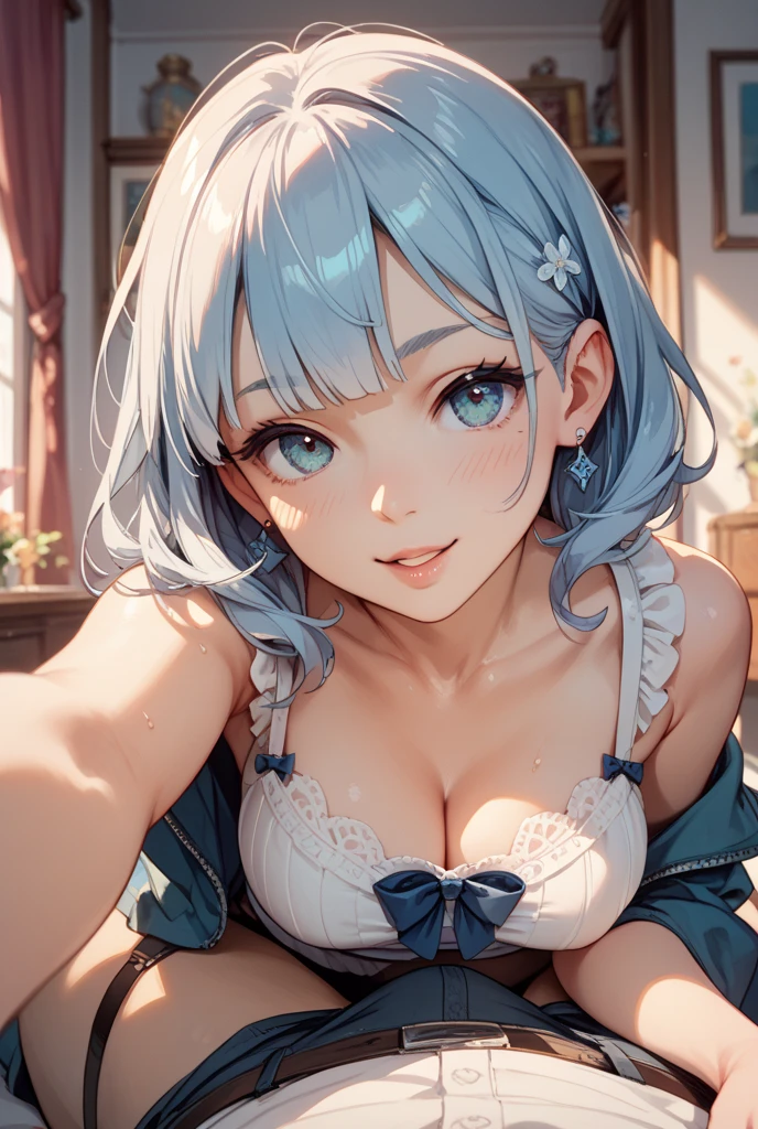 1 Female,High definition,high resolution,Ultra-realistic,8K,labrynth, grey hair, grey eyes, large breasts, horns, cleavage,European,sexy,Upper body close-up,Photographed from the front,Dynamic Angles,private teacher,blush, huge tits, nipples ,show ,(white lace bra),(white lace panties),(top view),(selfie)