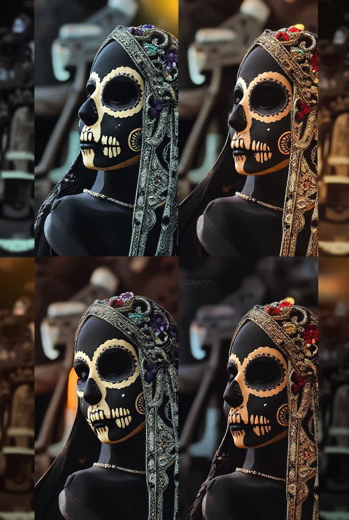 creates a hyperrealistic photograph in which the torso of a tanned Mexican woman appears from the front, occupying a third of the plane, your body in warm tones, wearing a mexican skull mask, made with ceramics and Mexican clay, decorated with Mexican motifs. modern, At the bottom, a white tile wall, with overhead lighting in cold tones, foreground