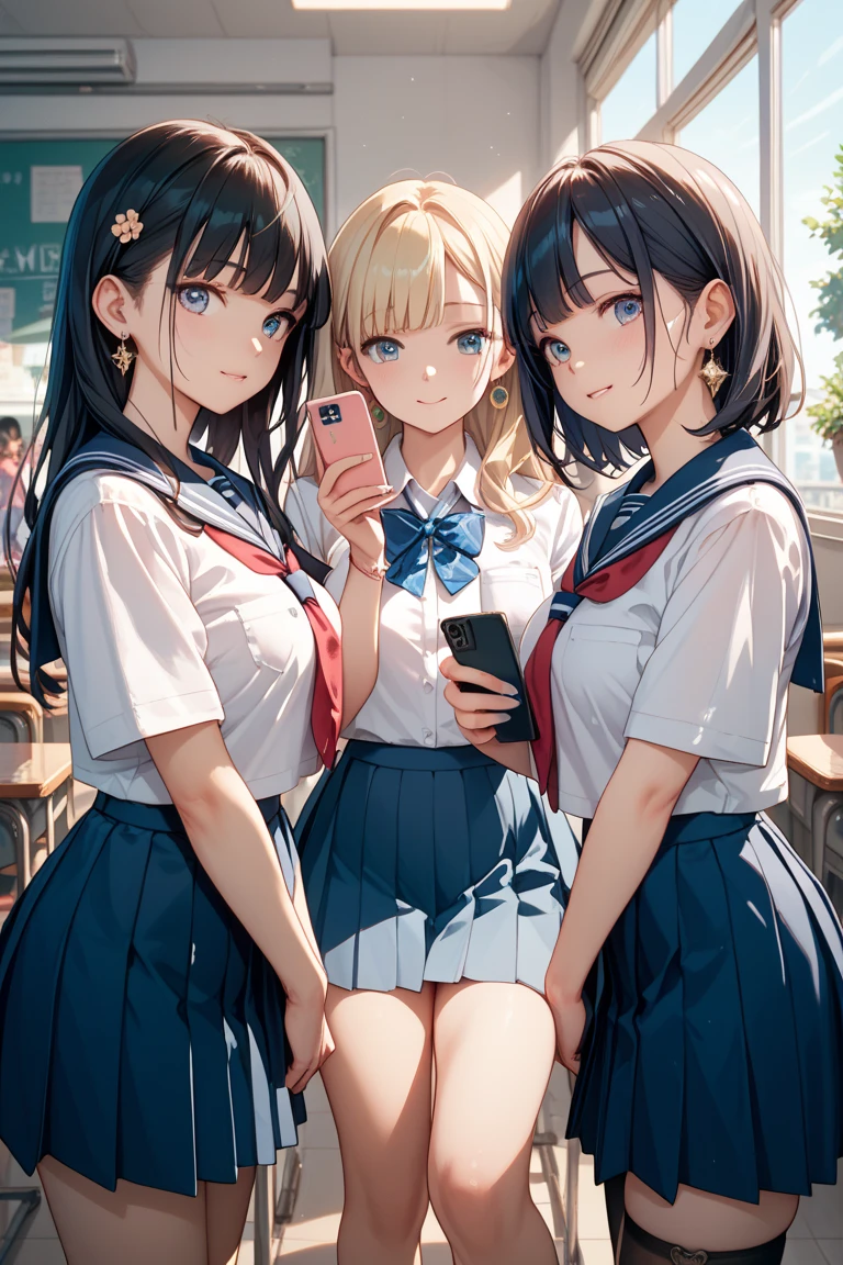 (8k、RAW photo、highest quality)、detailed background、beautiful and detailed face、beautiful and smooth skin、skin texture、professional lighting、Beautiful teenage girl、(three women)、(huge breasts)、sexy uniform、Pleated mini skirt with tartan plaid pattern、side pony、ponytail、cute hairstyle、ニーhigh socks、high socks、 selfie、school trip、Touch my chest playfully、laughter、smile、sexual expression、sydney、Australia、Opera House、harbor bridge、darling harbor、bondi beach 、You can also take photos with famous landmarks and symbols of your travel destination.、underboob、panty shot