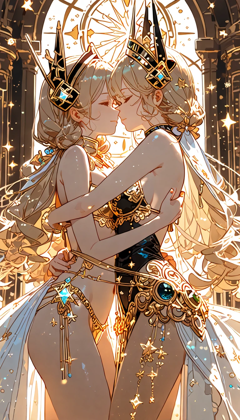 High quality, masterpiece, masterpiece, exquisite facial features, delicate hair, delicate eyes, delicate colored hair, 4K picture quality, brilliant light and shadow, Tyndall effect, halo, blown hair, youthful state, , chains, , big eyes , very detailed, blown hair bob-cut girl lying on bed, (women riding on girl), sexy, transparent, wet, bare legs, bare breasts, (women and girl hug and kiss), (hands reach into skirts to touch breasts),nsfw
