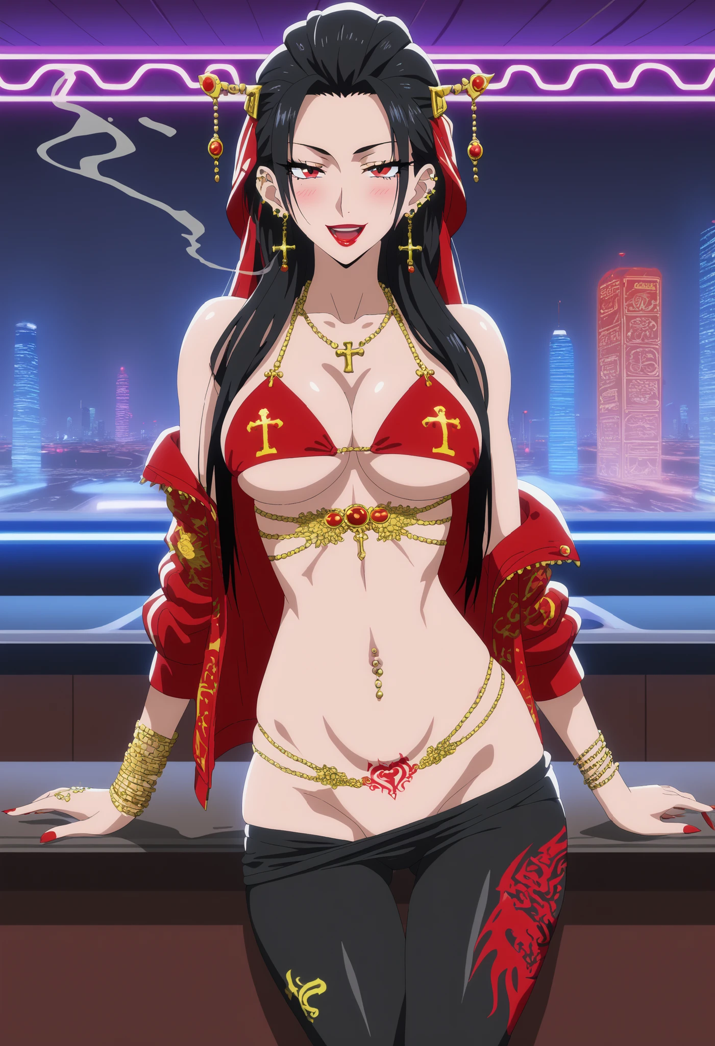 Terayama Reiko, solo, (smirking:1.1),
black hair, long hair, hair between eyes, lipstick, makeup, black eyeshadow, detailed hair, detailed face, brown eyes, perfect eyes, perfect face,
long hair, blush, lipstick, jewelry, earrings, Hot girl, baddie, staring, glaring, bad attitude, mean girl, dare, angry, hate, crazy, smoking, sensual, attractive,, masterpiece, best quality, highly detailed, a anime girls in long dress with navel cutout posing for a
picture, evil smile, smile, open mouth, (nsfw) not safe for work, revealing dress, beautiful dress center
opening , long dress with bellybutton showing, ecchi anime style, anime girls, ecchi style, ecchi, digital
anime art!!, in anime style, official artwork, visual novel cg, beautiful anime girl, anime style 4 k, exposed
navel, exposed bellybutton, jewelry, earrings, complex detailed background, casino environment, fancy
interior environment, rich interior
