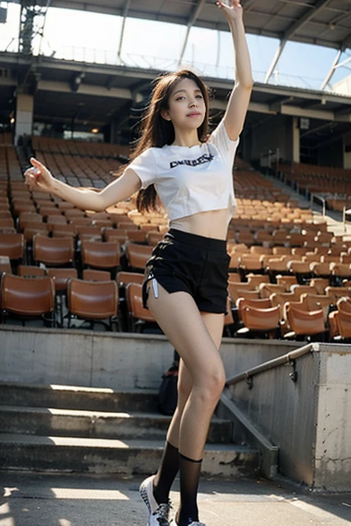highest quality、8k、No makeup、masterpiece、Ultra-high resolution、Clear photos、Realistic、Professional Lighting、(Japanese beautiful girl、15-year-old junior high school student)、Cheerleader、smile、(Very beautiful and small breasts、Beautiful cherry-colored areola、Large erect nipples)、Ultra slim、Tight waist、Slender body、Thin legs、Small butt、Shaved、smile、Field、Under the blazing sun、(Wearing a tight Cheerleader uniform、The chest is open wide and her breasts are exposed、Her clothes are rolled up and her small breasts are completely visible、I can see you naked、topless)、(mini skirt、No panties under the skirt、The genitals are visible)、(Jump towards the camera:1.8、Jump High:1.8)、(with legs wide open,)、(I flipped up my skirt)、(She gets excited and shows off her private parts)、Full body photo:1.4