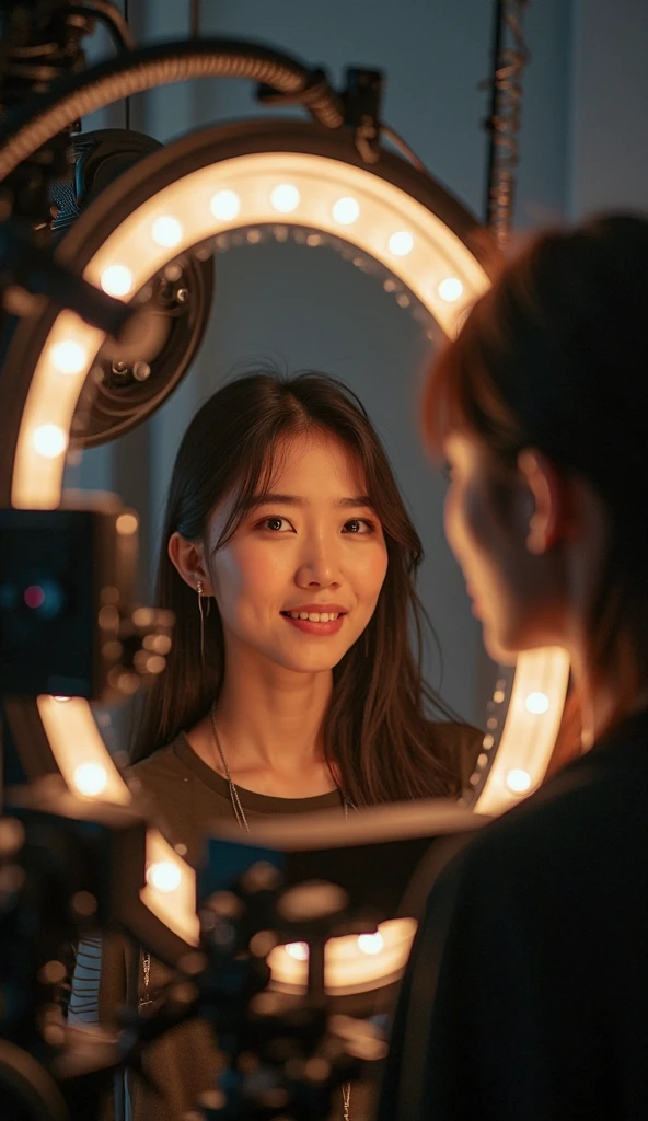 xxmix_girl,portrait of a woman holding a mirror with a light on it's side and a mirror behind her head with a light on it