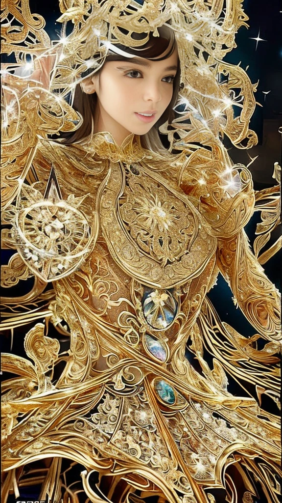 (masterpiece, best quality, ultra-detailed, highest resolution:1.4), (style of Kim Hyung Tae:2.0), (Louis Roederer Cristal inspired:1.8), avant-garde couture costume design, fashion design illustration, concept art,
(unique silhouette:1.5), (flowing yet sharp textures:1.3), (intricate details:1.4), (emphasis on body line:1.2), (daring cutouts:1.2), (sophisticated garter-like hints:1.1),
(golden shield emblems as a key motif:1.6), (golden filigree-like curves and patterns:1.4), (effervescent sparkle or prismatic light effects integrated into the design:1.3),
(dark fantasy aesthetic:1.1), (regal and powerful aura infused into the costume itself:1.2).