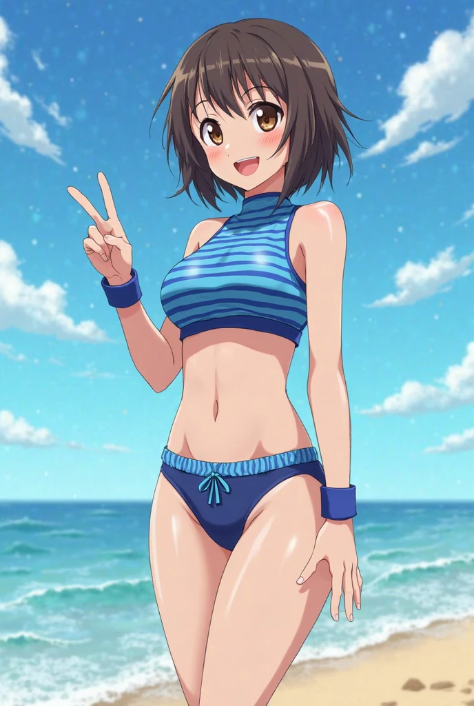 NSFW,(One girl:1.5),subaru_bikini、Striped bikini、Ribbon Hairband、Two-tone jacket、barefoot,(Perfect hands),(Perfect Anatomy),(masterpiece),(highest quality),Embarrassed,blush