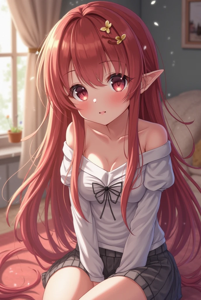 Beautiful anime girl , 20 years old, long hair, bangs pointy ears, horns, seductive.