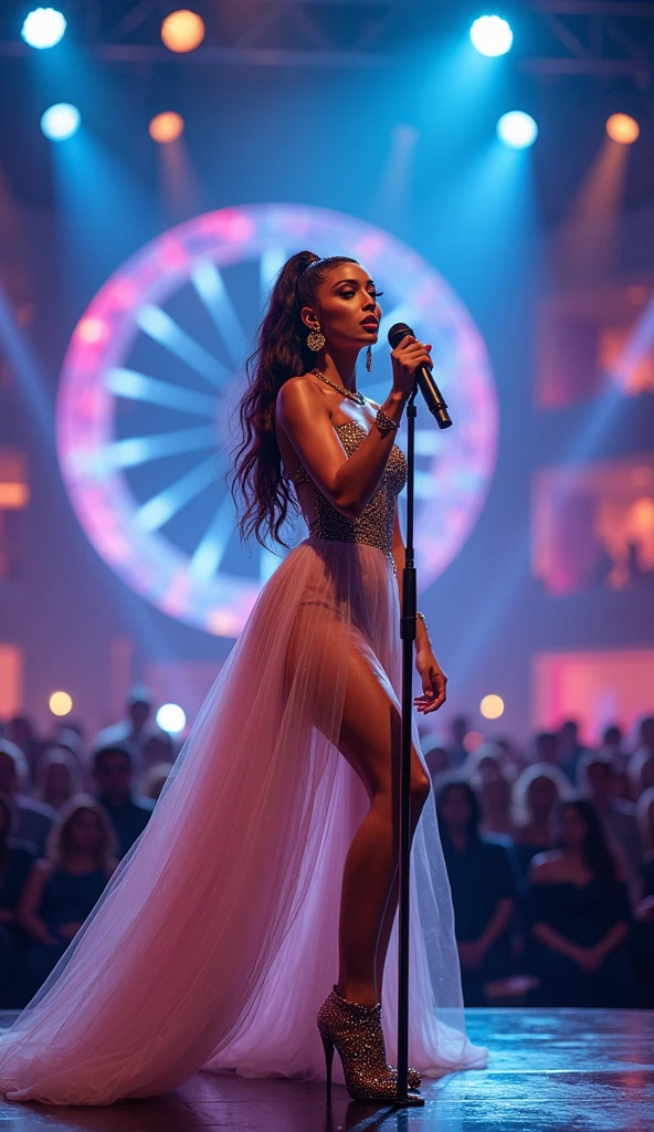 araffe woman in a short dress on stage with a microphone, sza, performing on stage, vanta blac, 2 0 1 7, 2017, nicki minaj, lizzo, by Zelma Blakely, by Tina Blondell, 2 0 1 8, 2018, by Wayne England, backdrop