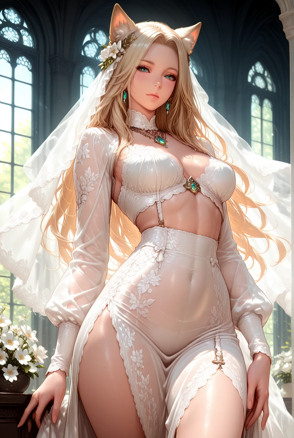 "A regal princess with long blonde hair, Eleanor of Albion, is wearing a luxurious, cream-colored silk corset-style lingerie set. The delicate lace and intricate embroidery reflect the rich traditions and opulence of the Albion Kingdom. The lingerie is both elegant and refined, accentuating her noble figure with a graceful and sophisticated design. The soft silk fabric and the classic corset structure enhance her silhouette, embodying the timeless beauty and aristocratic heritage of her kingdom."