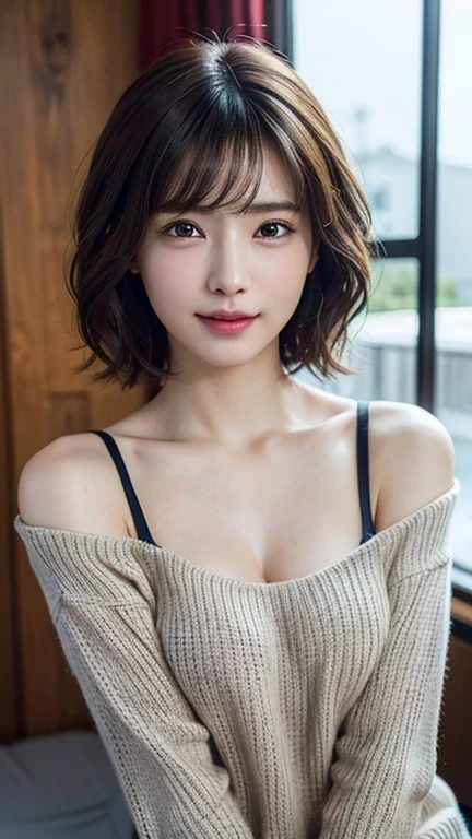 table top, highest quality, shape, Super detailed, finely, High resolution, 8k wallpaper, 完璧なダイナミックな構shape、Mature woman 27 years old cute girl、sweet girl、fiery idol pose、detailed face、Super detailedかわいい目、realistic lips、realistic and beautiful skin、shy smile、wavy brown short cut hair、small breasts、bold sexy pose、Sweater with one shoulder exposed、open cafe