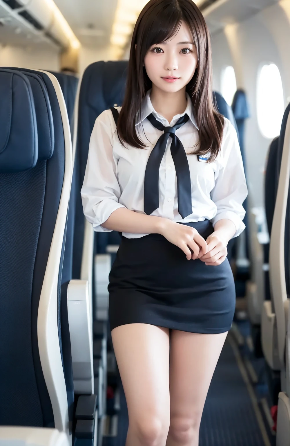  (8K, best quality, masterpiece:1.2), (realistic, photo-realistic:1.37), (high color saturation:1.0),  (highly detailed skin), (highest quality:1.0), (ultra high resolution:1.0) ,(realistic:1.0), (Super detailed:1.0), (8K, Raw photo:1.1)、standing random pose, smiling, natural breast, perfect lighting, 3girls, 24years old, (mysterious), clear and detailed, ((ANA_Cabin Crew, blue flight attendant_uniform)), black pantyhose, (aircraft, aircraft seats), cute face, mini skirt, no_panties, beautiful_pussy, nsfw, ((skirt lift)), no_under hair,