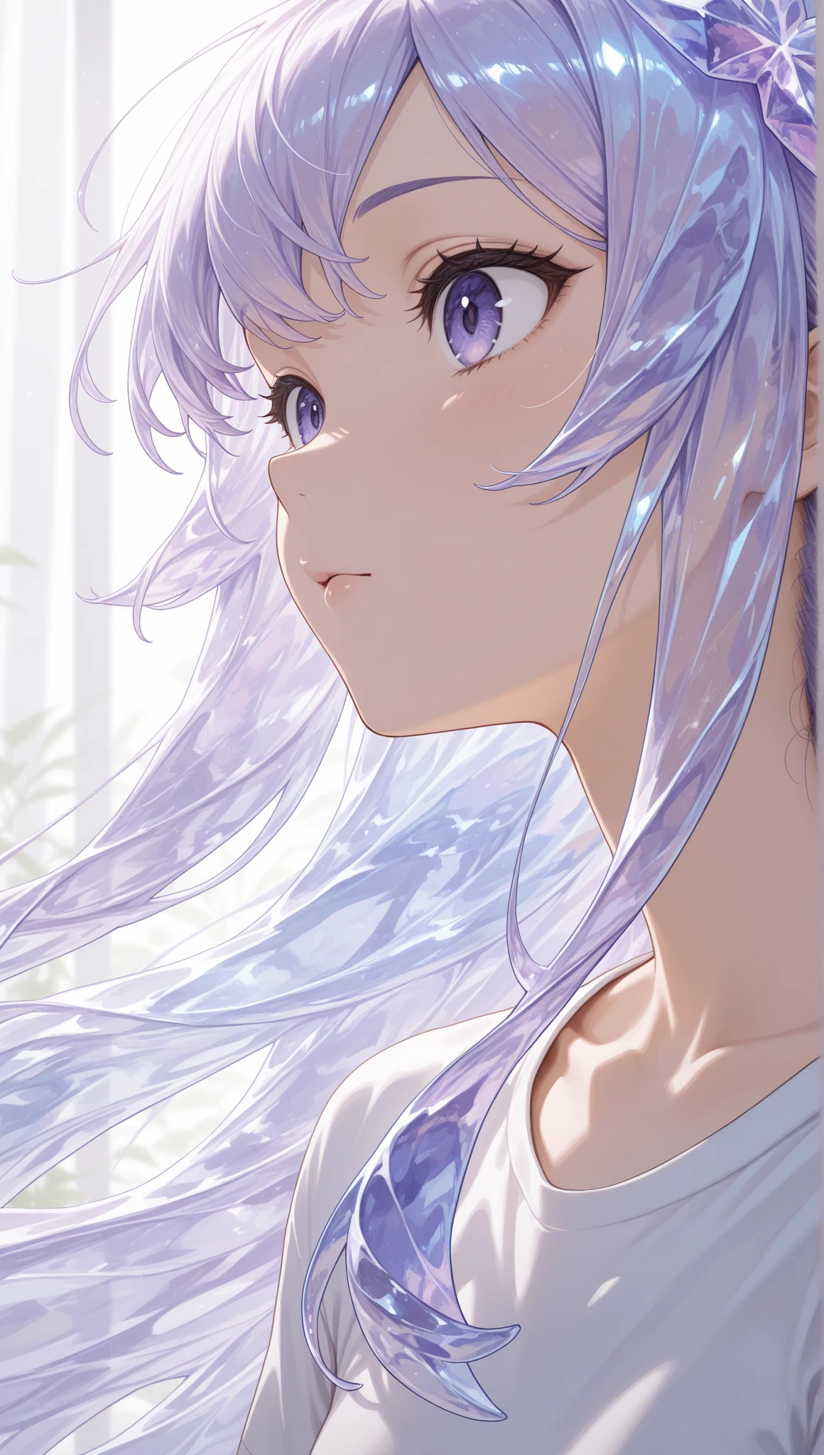masterpiece, t-shirt, newest ,absurdres, highres,vista muy close,detailed background, a girl, close,Floating,(((crystal hair))),long hair,Sunlight,portrait,transparent purple hair