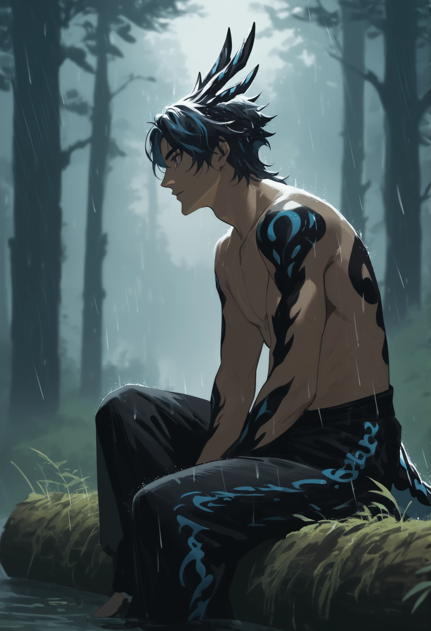 score_9, score_8_up, score_7_up, source_anime, rating_safe, raining, DragonologiaFT, 1boy, male focus, black-blue Dragonologia body carapace, topless, sitting, log, blurry outdoor forest, gloomy, fog,