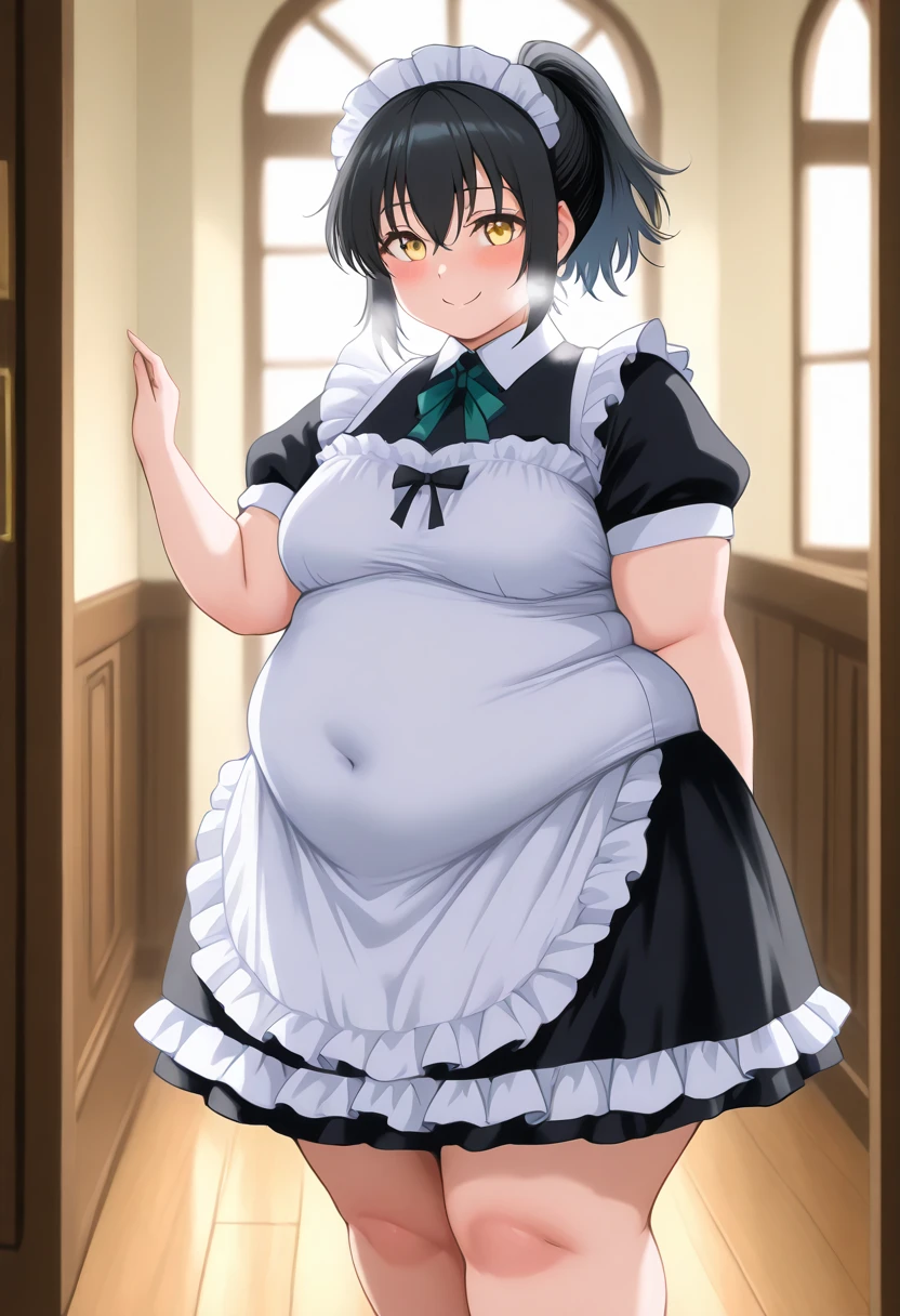 (Morbidly obese:1,1)1girl, solo(masterpiece, best quality:1.4), illustration, 8k, hd, 1girl, solo, short_messy_hair, red_hair, dress, white_thighhighs, no underwear, short_sleeves, frills, apron, brown_eyes, cleavage, metal_collar, anchor_choker, maid, white maid, ((big breast, angry, delinquent, bully, piercing, smirk)), (restaurant, maid cafe) 