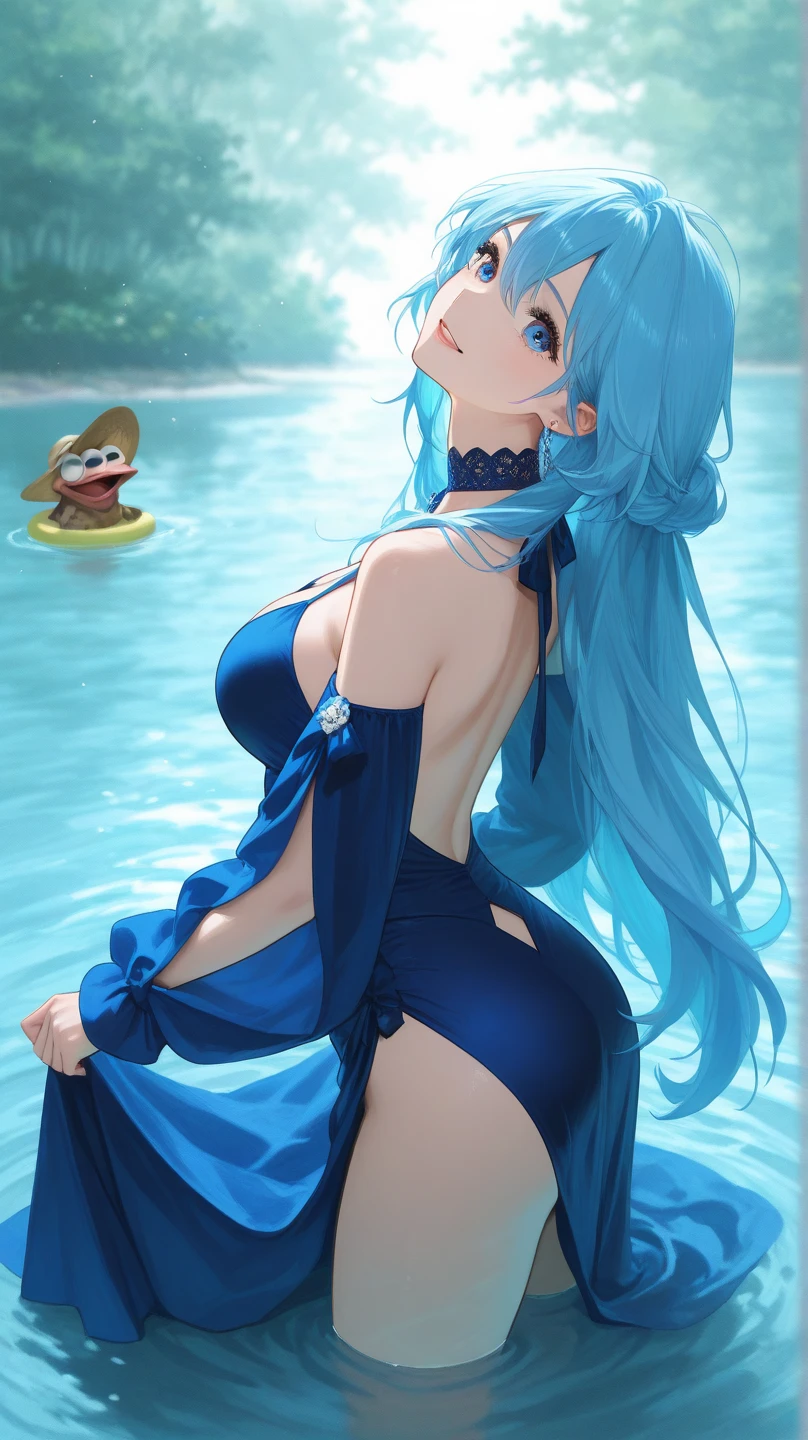(Vulgar),Highest quality、beautiful girl、２People lined up、Mix of blue and pink hair、Twin tails、The look of temptation、Eyes are quite large、Mouth agape、Sticking out tongue、Very sheer yukata、Cute small breasts、Cute, pretty nipples standing、Sweaty skin,、Cleavage、Belly button、Indecently dishevelled yukata、evening、Private hot spring、Put your feet in the water、looking at the camera、Illuminated from the front、No panties、Anatomically correct