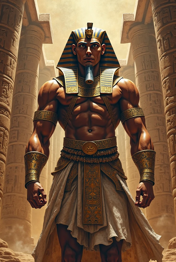 Powerful warrior, chest bared, lower body uncovered from thighs to feet, luxuriant long curls, meticulous muscle definition, photorealistic rendering, 4K resolution. Background: Ancient Egyptian temple complex,32k uhd, best quality, masterpiece, super detail, high details