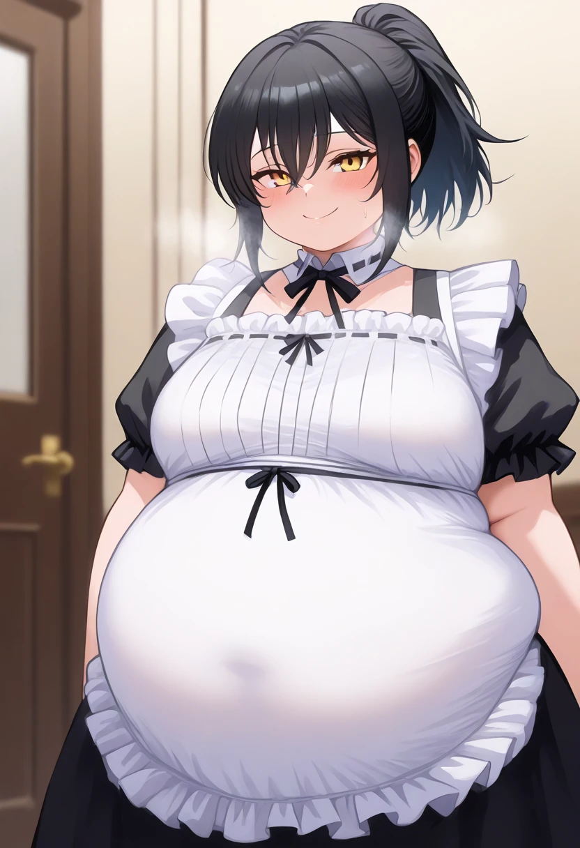 High, sharp focus, Pixiv masterpiece, ((intricate details)), very detailed, upper body, 1girl, rem_re_zero, blue hair, short hair, maid uniform, hair ornament, neckline, maid's headdress, separate sleeves, ribbon, full body, raised dress, exposed panties, white panties, Big Bump pregnant Belly, Big Pregnant girl, Largest Belly of Pregnant, Huge Pregnancy, huge 9 months Pregnancy Belly