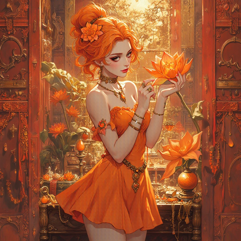 1 girl with fiery red bob, porcelain skin, piercing green eyes, plump cherry-red lips,  yet curvy figure, wearing vintage-inspired outfit, knee-high boots, floral dress, confident, charismatic expression, mischievous smile