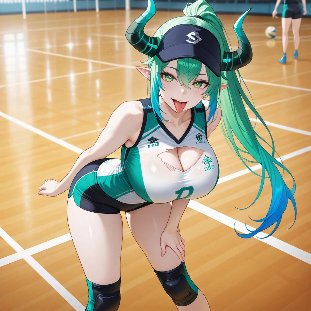 Curvy woman at a roller derby, determined, big grin