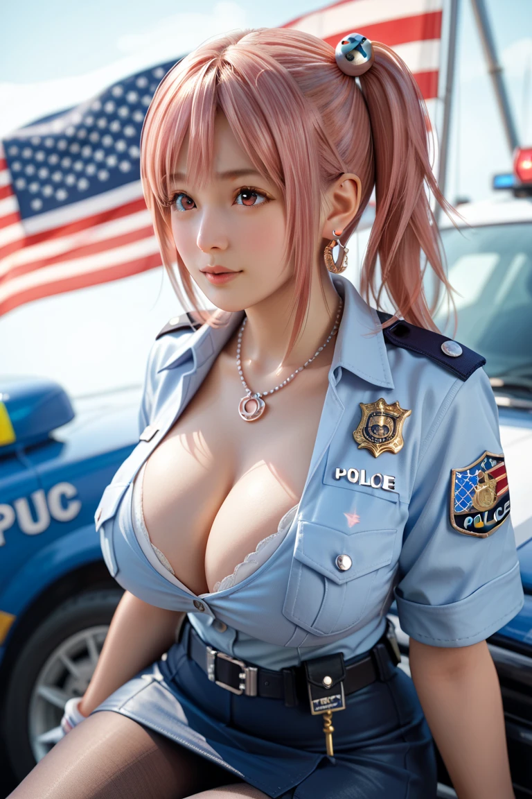 Honoka, clothing,miniskirt, Handcuffs,ring, university student,Pink Hair,Huge breasts,Cleavage,Low-cut,miniskirt,pantyhose,cute,necklace,earrings,gun,Lace,pistol,Red lips,shy,Dress Up,Police hat,Police Uniform,Dilapidated house