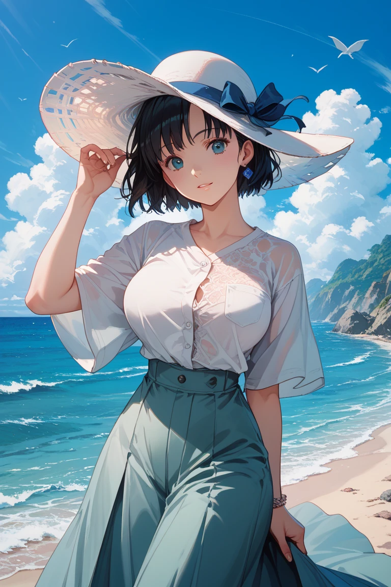 absurdres, RAW photo, extremely delicate and beautiful, masterpiece, Best Quality, ultra high resolution, 32k, hyperrealistic, ultra-detailed, perfect figure, Perfect Style, Perfect balance, in her 20s, very small head, very small face, delicate facial features, tearful mole, earring, very huge round breasts, full body shot, whole legs, short medium hair, wavy hair, outdoor, blouse, bare collarbone, skirt, straw hat,