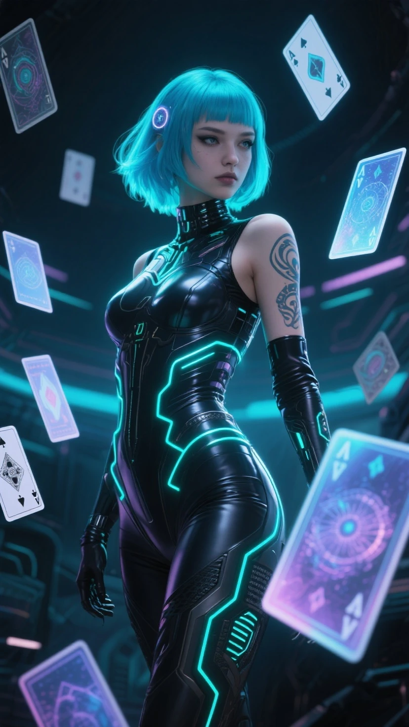 (tarot cards), realistic digital painting, a woman in a futuristic suit playing holographic tarot cards on a electronc table,, dark mystical room in futuristic world, cybertable with modern big holographic tarot cards,, beautiful woman (tattoos, cyberpunk fortune teller outfit, colorful asymmetrically hairstyle, cybernetic arm) , cyberpunk art style, cyberpunk dark fantasy, unfolded big tarot cards are visible on the table, dark room, realistic, lots of detail, 8k, film grain, raw photo,