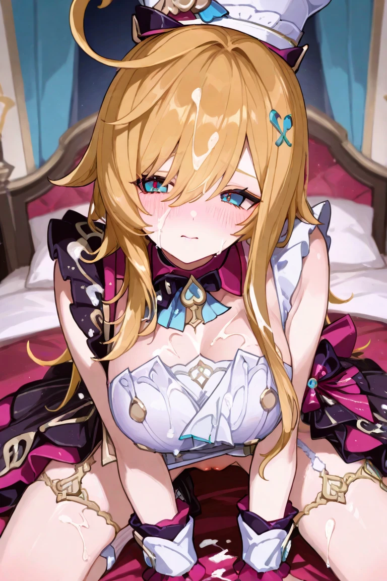 solo, light almond hair, long hair, dark pink eyes, sweet smile, subtle blush, large chest