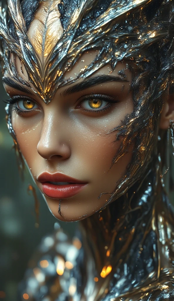 Wide angle shoot of a beautiful woman, scorpion-feline hybrid, extremely detailed, photorealistic, 8k, hyper-realistic, intricate details, striking features, feline eyes, sharp scorpion claws, dynamic pose, ethereal, mysterious aura, dramatic lighting, cinematic, moody colors, deep shadows