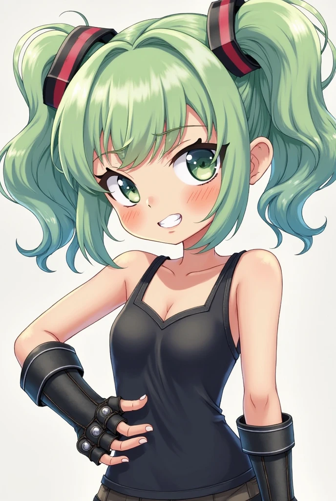 (Masterpiece: 1.1 points), (Top-notch: 1.1 points), (Perfect face: 1.1 points), (Attention to detail: 1.1 points), Unique, (Healthy skin), Cartoon, White skin, White beret, (Dark green shiny short hair), (Bright green tips: 1. 1 points), (Big side black ribbon), (Green eyes, White top black, black green button strings, black tank bottom top), cheerful, smiling, mouth wide open, looking at camera, oblique frontal face close-up, one hand gesture of self-introduction, plain background,