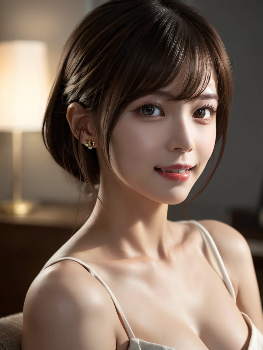 Night, Raw photography, (((Very beautiful portrait))), Sexy 30 year old woman, Natural brown hair, Gentle smile staring at the camera, (cleavage), masutepiece, Best Quality, Ultra Detail, Cinematic lights, Soft lighting, intricate detailes, 8K, Detail Background, hightquality, Perfect face