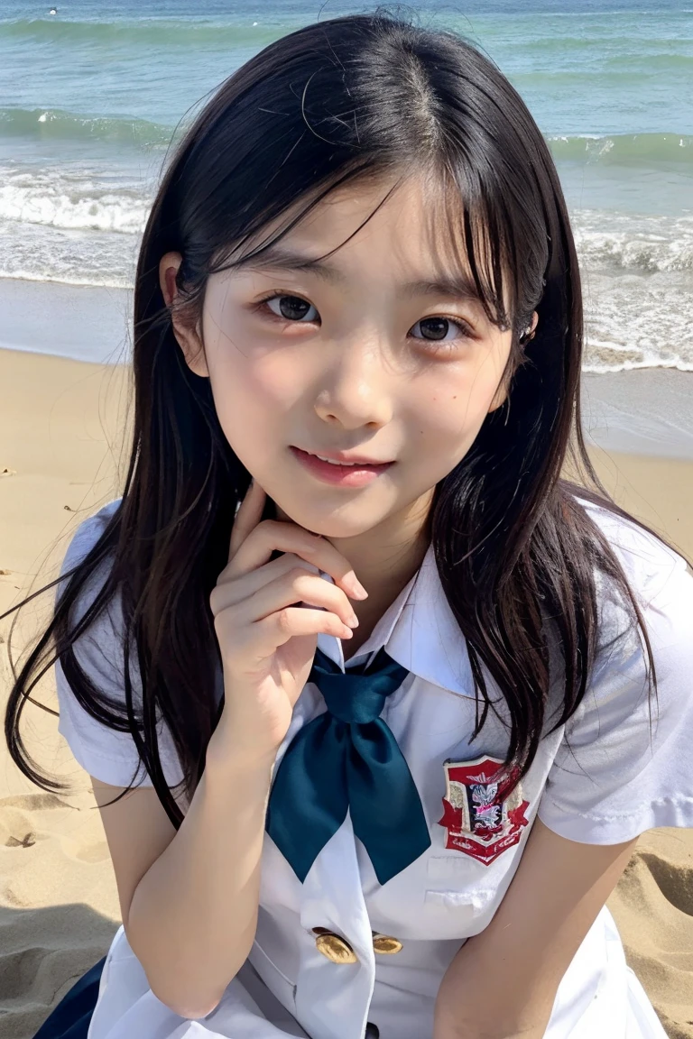Super detailed,Highest quality,1 high school girl,16 years old,Sitting on the seaside,She is wearing a white short-sleeved blouse and a black pleated mini skirt.,I can see the ocean in the distance,Sitting on a beach mat,Illuminated by the summer sun,Daytime sunlight,You can see the blue sky and the sea,Bracelet on arm,pink nail polish on fingers,Sitting with knees together,Wearing sneakers,Distant scenery is blurry