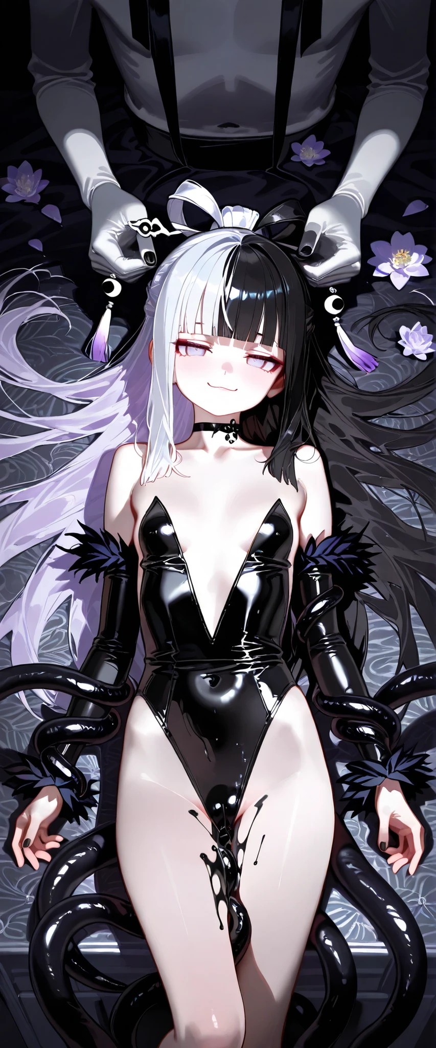 ((Highest quality)), (masterpiece)), (detailed: 1.4), Disorganized solutions、High resolution、(masterpiece:1.4)、Super detailed、Beautiful girl、Highest quality、masterpiece、Very detailed、(1 person):1.4、(Black latex swimsuit)、、Twin tails、Short Twin tails、choker、:1.1,(Shiny latex)、elbow fullgloves,thighhigh boots,Dim landscape,Dark aura,ruins,skull,Bloodbath