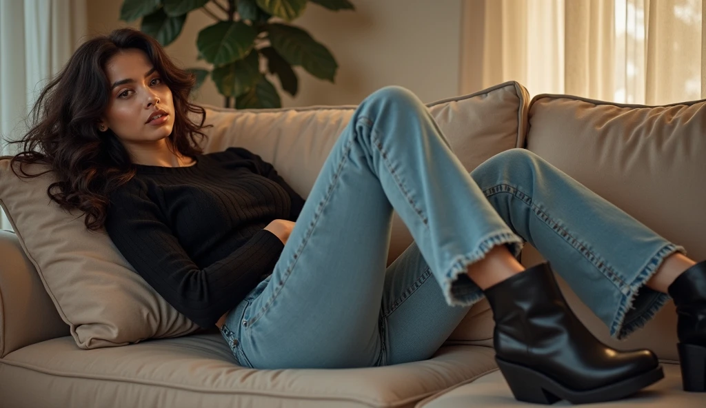 1girl,Allein,best quality, Meisterwerk, 8 TAUSEND,ROH Foto, Foto (Objekt), Extremely detailed, ROH,realistisch,Sitzung, Blick auf den Betrachter,Jeans,white t - shirt,lange Haare,schwarzes Haar, Couch,