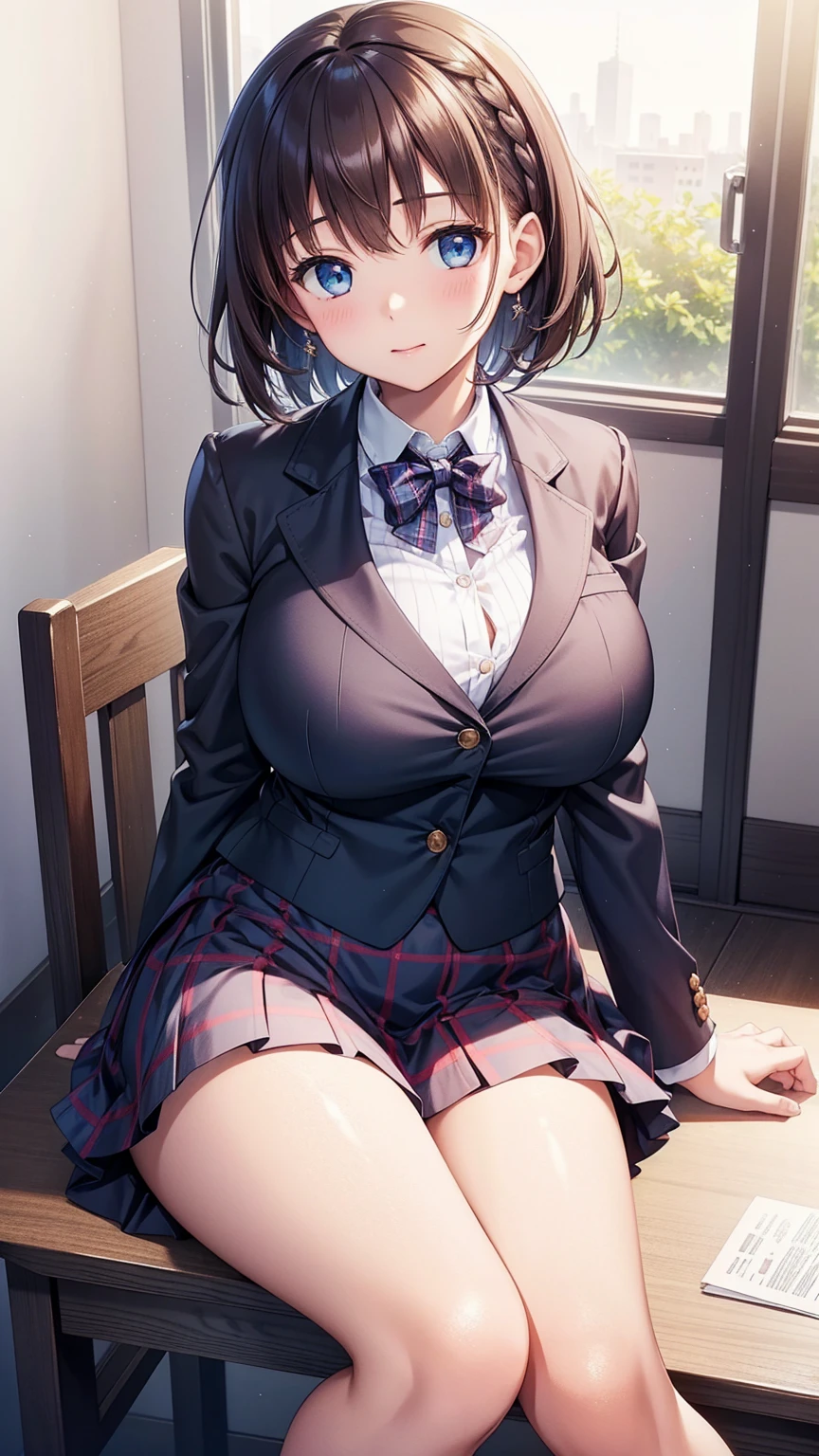 masterpiece、超A high resolution、(Photoreal:1.4)、Raw photo、solo、high school girl、jk、student、sailor suit、uniform、skirt、black haired、short hair、glowing skin、dramatic lighting、full body esbian、Plump、Plump、Huge、Huge chest、(highest quality, masterpiece:1.2), (Huge chest:1.6), long chest, (saggy breasts: 1.6), (absurd:1.2), (realism:1.2)、Huge ass、thick thighs、long legs、beautiful eyes、Strong eyes、Tempting School、in the room、sunset、evening、early evening