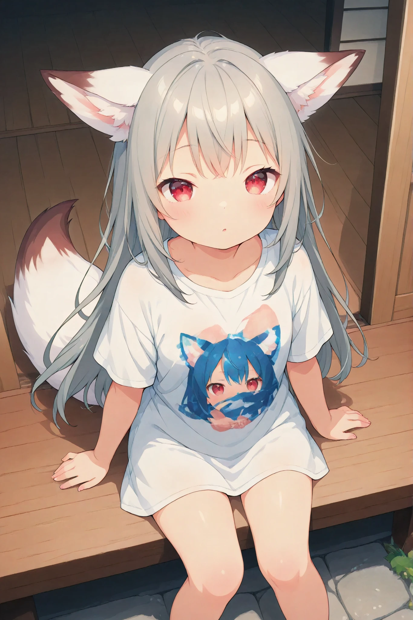 watercolor style、White fox girl 、grey hair、 smooth long hair 、fox ears、 fluffy fox tail 、Ruby Eyes、squint、cute、 droopy ears、Sit on the veranda of a private house、big shirt、dazed face、I look up、view from above