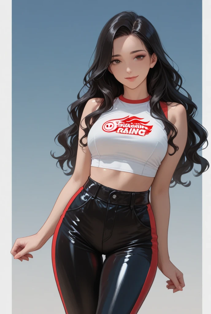 uma menina, latina face, brown skin, long natural curly brown hair, glamour, Stand up, maquiagem, Lips are soft or colored, fundo simples, silhuetas fluidas, provocador, surprised facial expression, bashful, simple lighting and texture, fundo branco, large clothes, long sportwear