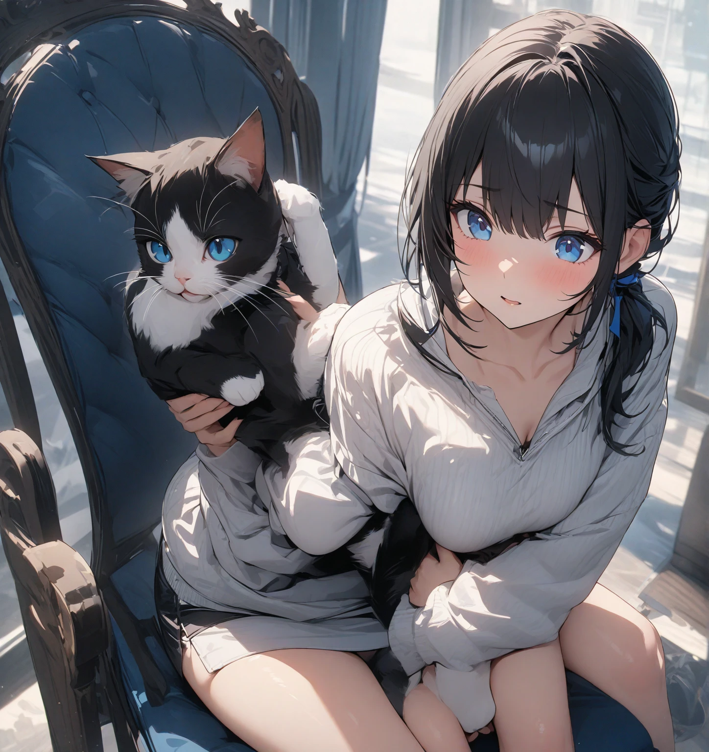 black hair blue eyes sweater mini skirt white tights coat Cuddle your cat sky at dawn Inside the building Knee-high boots masterpiece Highest image quality noise removal clear parts cinematic shadow Increased attractiveness of the eyes clear parts the shine of the eyes Draw eyelashes neatly perfect eyes detailed eyes Sharpen image quality Sharpen eye writing clear parts eye shape
