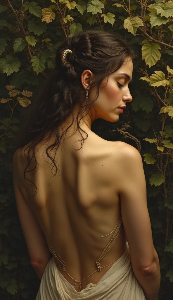 ((high resolution)), Athletic, ((pale skin)), (((very pale skin))), (white skin), rosy cheeks, pink lips, brunette, (((Millie Bobby Brown))), long curly hair, naked, from behind, cute butt, in the style of William-Adolphe Bouguereau