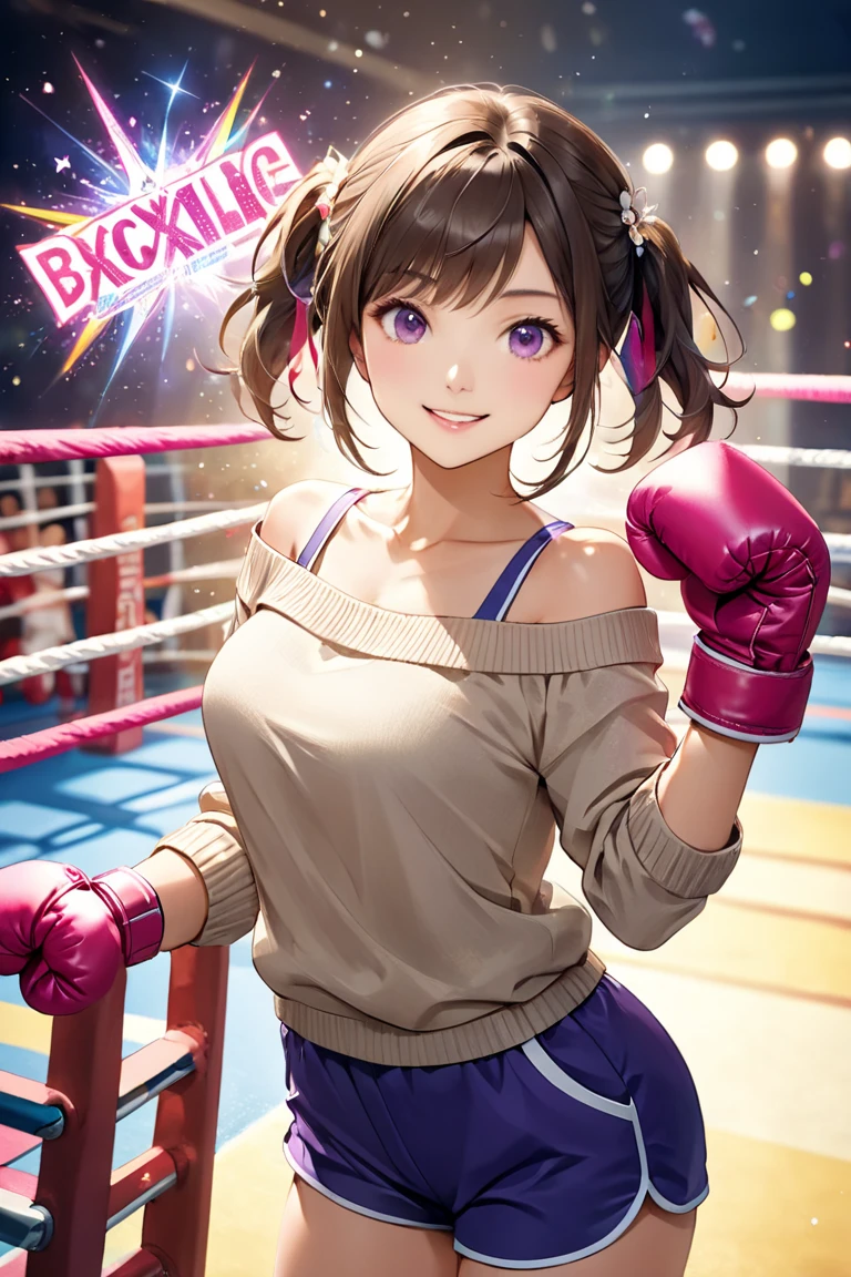 Black gal boxer. Brown skin. Light brown-haired ponytail. Pink lip. A confident smile. He's wearing pink boxing gloves. I'm wearing a pink sports bra. Sexy thick lips. Flashy makeup. Well-shaped boxing gloves. Two women. Kissing a petite and brown-haired woman. The background is the changing room of a boxing gym.
