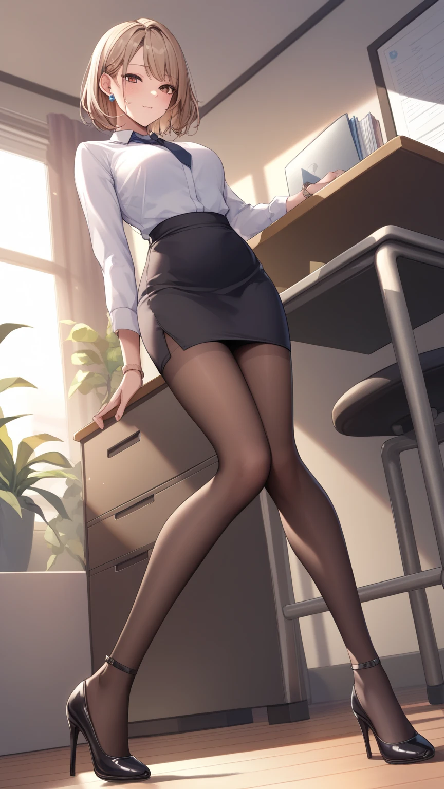 Solo, 1girll, cornea_power, (Sharp teeth:0.8), grin, sitting legs crossed, peace signs, formal, White collared shirt, black necktie, Black pants, ((Office building)), Dynamic Angle, Best quality, Perfect anatomy, A high resolution, absurderes, Extremely detailed Cg Unity 8K wallpaper