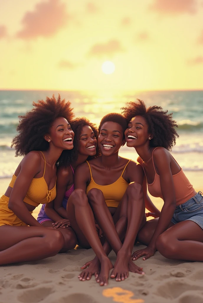 QUATRO mulheres de pele negra, Lying on the beach with cups of coffee, Divertindo-se ao sol, absolutamente, meninas fofas, Beautiful girls, college girls, young women, em um dia ensolarado, Divirta-se, todo mundo se divertindo, millennial vibes, foto ainda, they are all laying down, ter uma festa legal, Hangout da tarde, editing, divertindo-se